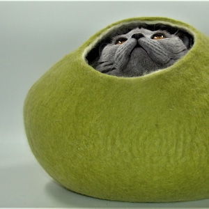 Large Felted Wool Cat Cave Bed, Handmade Cat House, Natural Indoor Cat Bed, birch green  Merino Wool Pet Cave, KIVIKIS
