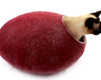 Large Felted Wool Cat Cave Bed, Handmade Cat House, Natural Indoor Cat Bed, Burgundy dark Merino Wool Pet Cave, KIVIKIS