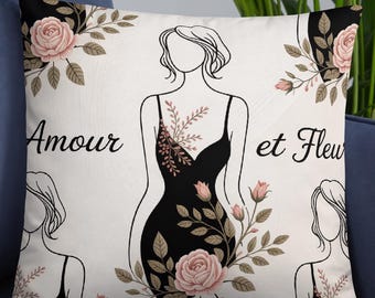 Romantic Boudoir Pillow: "Amour et Fleur" Line Art with Floral Lace