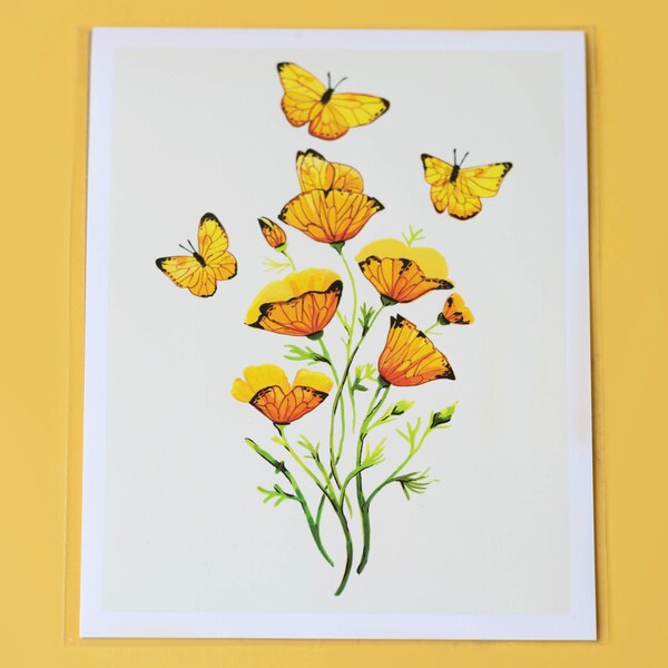 Mexican Golden Poppy and Orange-barred Sulphur Butterfly | Matte Giclée Print