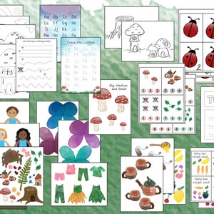 Könnte beinhalten: Ein Satz druckbarer Lernspiele für Kinder mit einem Feen-Thema. Die Arbeitsblätter beinhalten Aktivitäten zum Buchstaben-Nachzeichnen, Zählen und Zuordnen. Die Illustrationen sind farbenfroh und fantasievoll und zeigen Feen, Pilze und Teetassen.