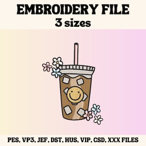 Floral Iced Coffee Embroidery Design, Cute Embroidery Design, Iced Coffee Embroidery File, Embroidery Design For Apparel