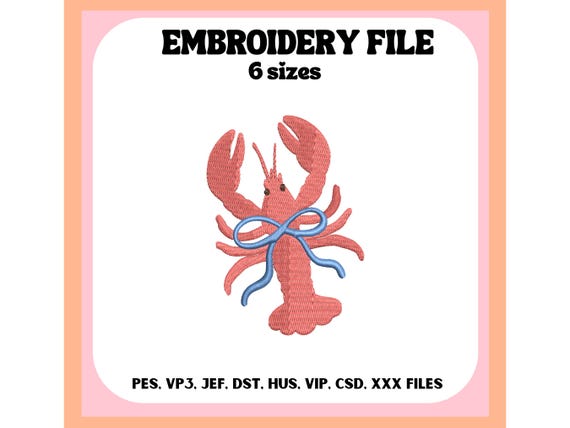 Lobster With a Bow, Embroidery File, Summer Design, Ocean, Machine Embroidery, Trendy, Digital Download