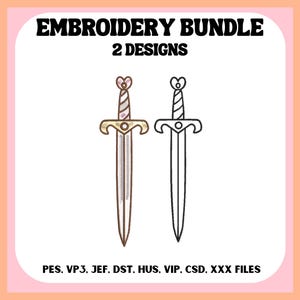Puede incluir: Un diseño de paquete de bordado con dos diseños de espadas. Una espada está coloreada con tonos dorados y marrones, y la otra es un contorno negro. El texto "EMBROIDERY BUNDLE 2 DESIGNS" está en la parte superior.