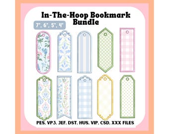May include: A digital collection of ten In-The-Hoop bookmark designs in 7", 6", 5", and 4" sizes. The bookmarks feature various patterns including floral, gingham, plaid, and polka dots in blue, green, pink, and yellow. Includes PES, VP3, JEF, DST, HUS, VIP, CSD, and XXX file formats.