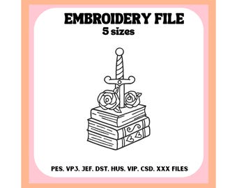 Schwert im Bücherstapel Stickdatei, Fantasy, Romantik, Design für Bekleidung, Bücherwurm