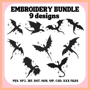 Może przedstawiać: Zestaw do haftu z dziewięcioma czarnymi wzorami smoków i błyszczącymi akcentami. Tekst "EMBROIDERY BUNDLE 9 designs" znajduje się na górze. Typy plików obejmują PES, VP3, JEF, DST, HUS, VIP, CSD i XXX FILES.
