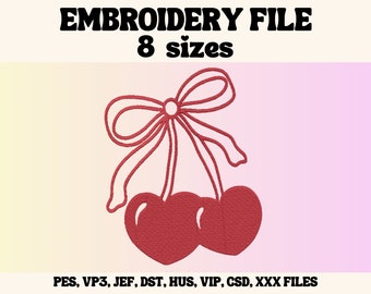 Heart Cherries Embroidery Design with Bow (Digital File)