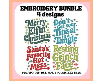 Bundle of 4 Funny Christmas Embroidery Designs, Winter, Holiday, Embroidery Files, Digital Download