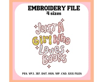 Book Lover Embroidery Design, Bookish Girl (Digital File)