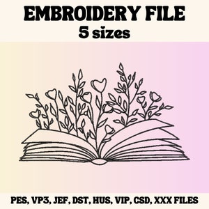 Desenho de bordado floral em formato de livro, arquivo moderno com tema literário (download digital)