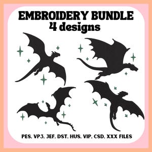 Può includere: Un pacchetto di ricamo con quattro sagome di draghi neri con ali spiegate e accenti di stelle. Il testo "EMBROIDERY BUNDLE 4 designs" è in alto. Formati file: PES, VP3, JEF, DST, HUS, VIP, CSD, XXX FILES.