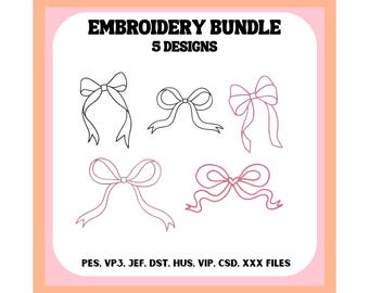 Bow Outline Embroidery Designs, 5 File Bundle (pes, vp3, jef, dst, hus, vip, csd, xxx)