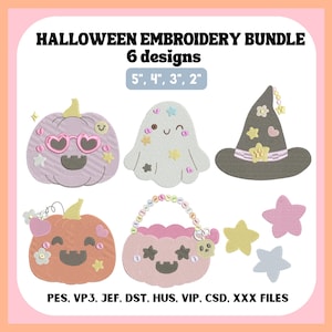 May include: A Halloween embroidery bundle featuring 6 designs in 5", 4", 3", and 2" sizes. The graphics include a lavender pumpkin with heart glasses, a white ghost, a grey witch hat, an orange pumpkin, a pink treat bucket, and stars. Text: HALLOWEEN EMBROIDERY BUNDLE 6 designs 5", 4", 3", 2" PES. VP3. JEF. DST. HUS. VIP. CSD. XXX FILES.