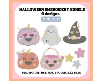 May include: A Halloween embroidery bundle featuring 6 designs in 5", 4", 3", and 2" sizes. The graphics include a lavender pumpkin with heart glasses, a white ghost, a grey witch hat, an orange pumpkin, a pink treat bucket, and stars. Text: HALLOWEEN EMBROIDERY BUNDLE 6 designs 5", 4", 3", 2" PES. VP3. JEF. DST. HUS. VIP. CSD. XXX FILES.