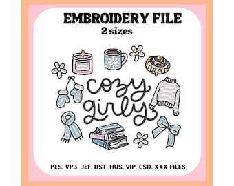 Cozy Girly Embroidery Design, Winter, Christmas, Bookish, Machine Embroidery, Digital Download