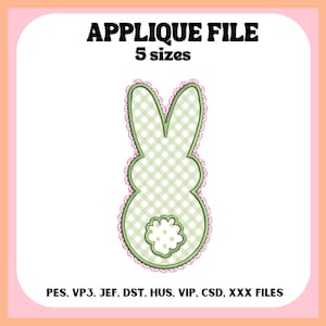 May include: A digital applique file featuring a bunny design. The bunny is light green with a gingham pattern and a scalloped edge. The text "APPLIQUE FILE" and "5 sizes" are at the top.