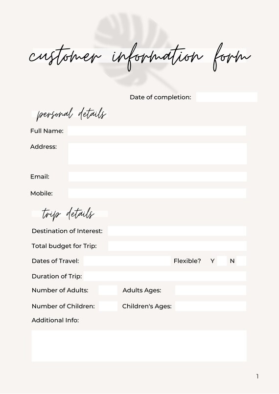Travel Agent Customer Information Form Travel Business Tool Etsy