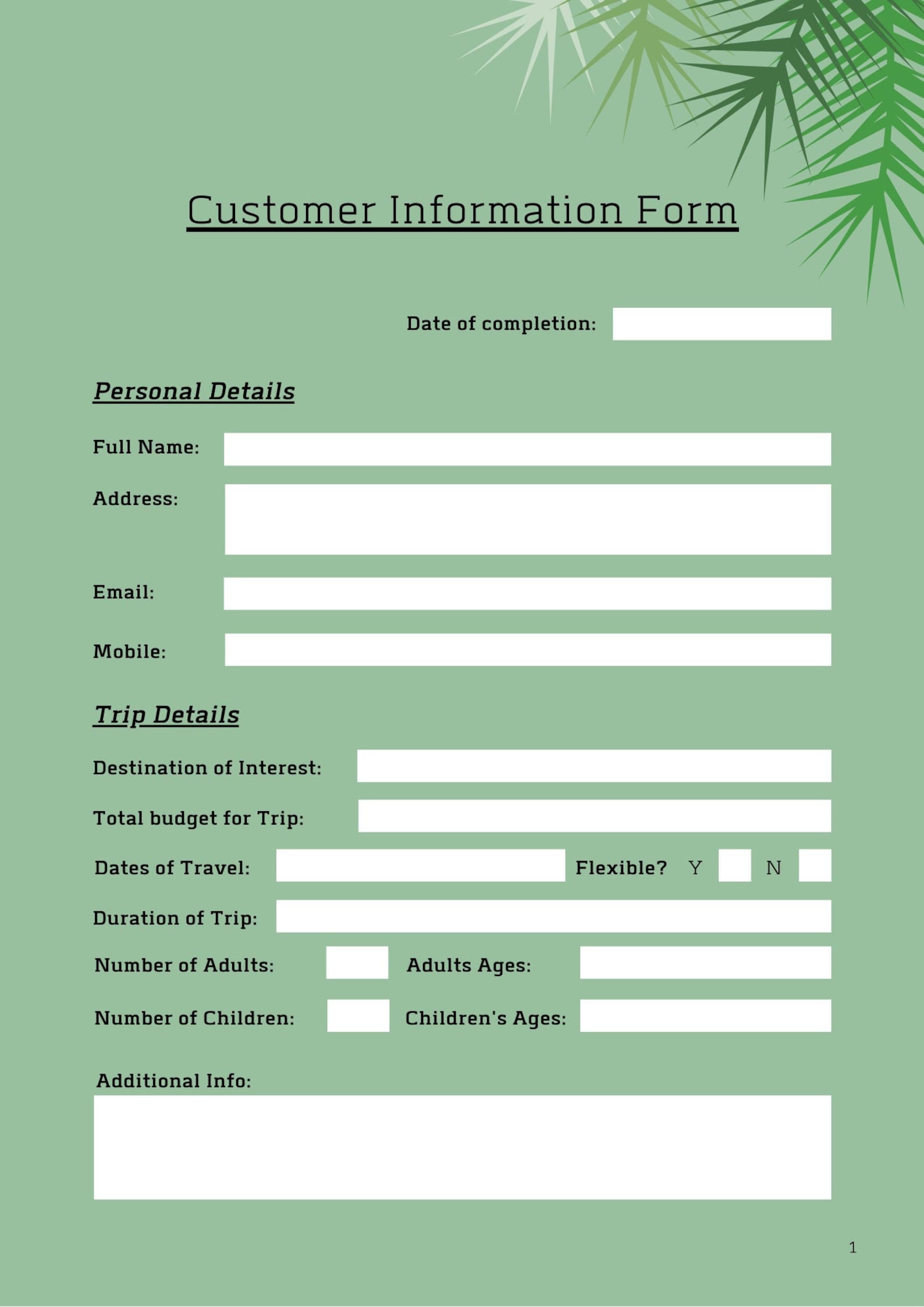 Travel Agent Customer Information Form Travel Business Tool Etsy