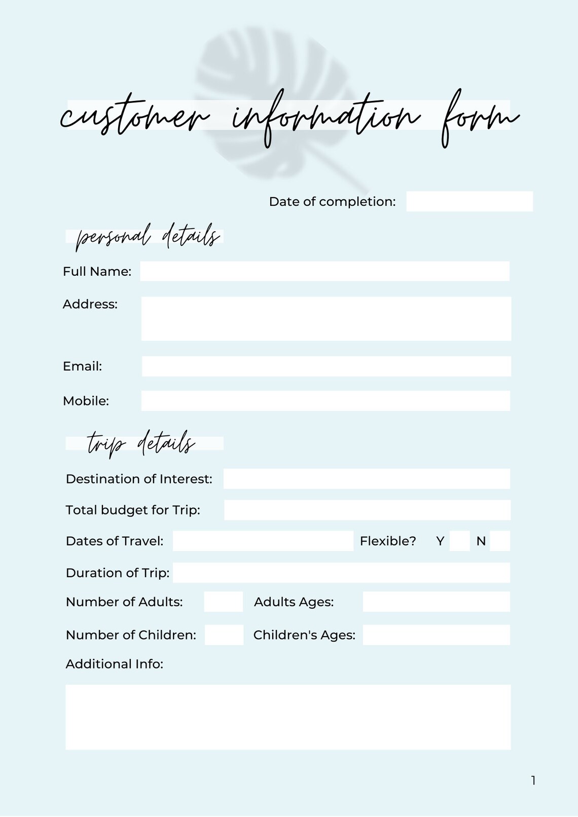 Travel Agent Customer Information Form Travel Business Tool Etsy