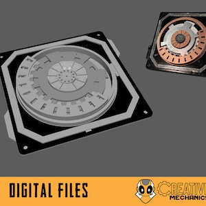 May include: A 3D printed model of a complex mechanical gear system. The gear system is made of gray plastic and has a copper-colored inner ring. The model is on a black base with a beveled edge.