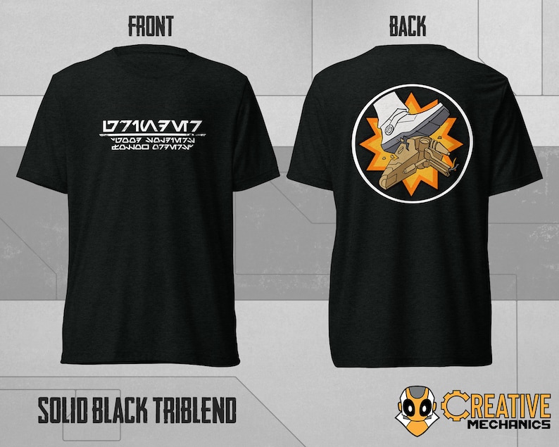 May include: Black t-shirt with a white graphic on the front that says "L771A3M7" and "Y2061 NO.J1MT4" and "EO-HOO 077V174". The back of the shirt has a white boot stepping on a spaceship with a yellow starburst behind it.