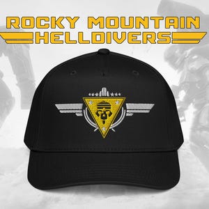 May include: Black baseball cap featuring the text "ROCKY MOUNTAIN HELLDIVERS" in gold. The cap has a yellow and white emblem with a skull design and wings. The hat is a classic baseball style.