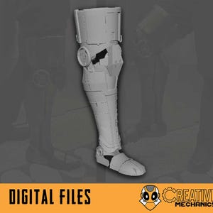Puede incluir: Una pierna robótica gris, renderizada en 3D, que muestra componentes mecánicos detallados. La pierna está colocada frente a un fondo borroso con otras piernas similares. Las palabras "DIGITAL FILES" se muestran en negrita, en texto naranja en la parte inferior.
