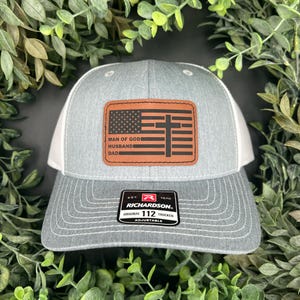 Man of God Husband Dad Hat | Christian Trucker Hat | Faith Based Leather Patch Hat | Richardson 112 Cap | Gift for Religious Dads