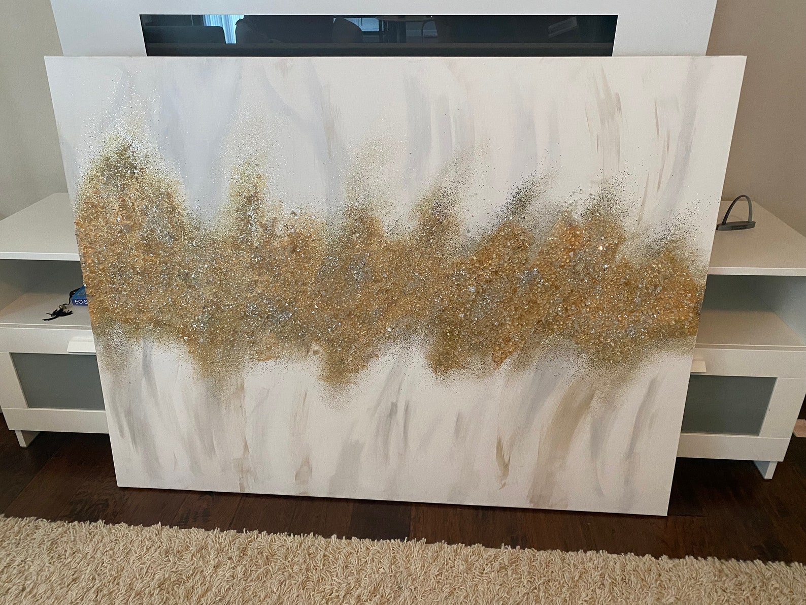 Gold Glitter Decor, Z Gallerie Inspired, Glass Art, Glitter Art, White