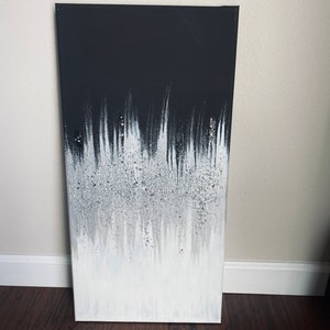 Black and Silver Painting, Glitter Art, Silver Glitter Decor, Black and White Art