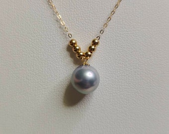 18K GOLD Blue Akoya Pearl gold Pendant Necklace, Japanese Akoya Pearl Necklace, Authentic Real Blue Akoya Pearl AAA, For women wedding bride