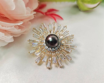 Sunflower Black Tahitian Pearl Brooch Pin, Shawl Scarf Pin, Beautiful Genuine Pearl Brooch, Gifts for her, Wedding Brooch, Thanksgiving