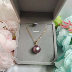18K GOLD Purple Pearl Pendant Necklace gold, real genuine purple freshwater edison pearl necklace round, AAA pearl for women gifts for her