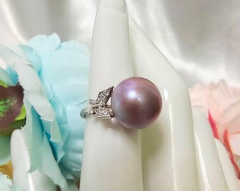 Butterfly Purple Pearl Ring Silver 13.5MM Solitaire Round Pearl Promise Ring Real Genuine Purple Freshwater Pearl Engagement Ring for Women