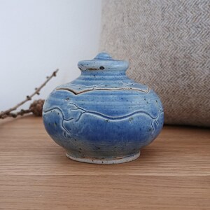 May include: A small, round, blue ceramic jar with a lid. The jar has a textured surface and is decorated with a flowing, vine-like pattern. The jar sits on a wooden surface. A decorative item for the home.