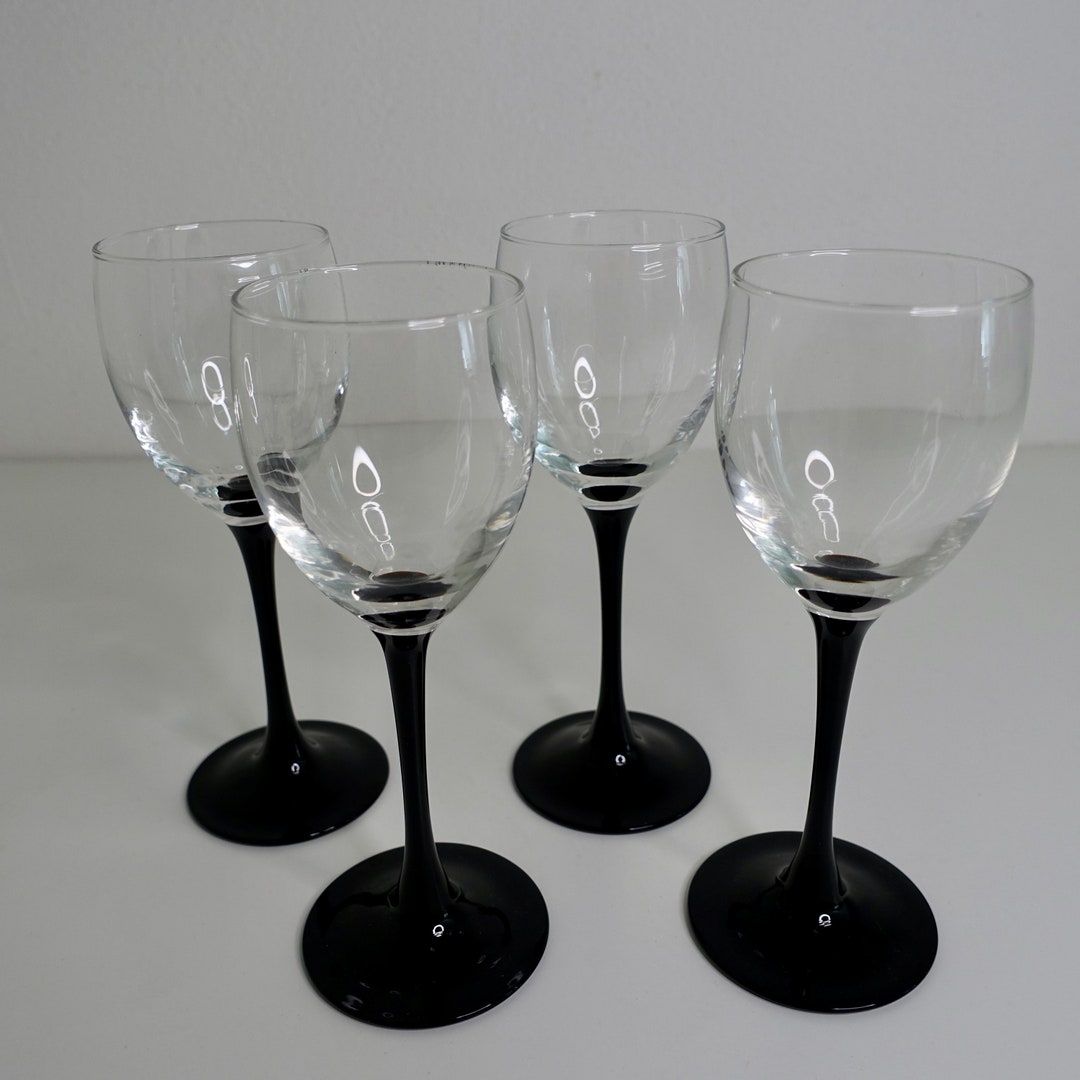 4 Wine Glasses Black Stem Vintage 80's Glassware Etsy
