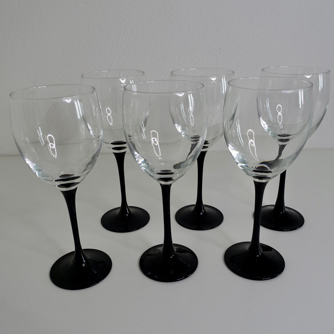 6 Large Wine Glasses Black Stem Vintage 80's Glassware Etsy