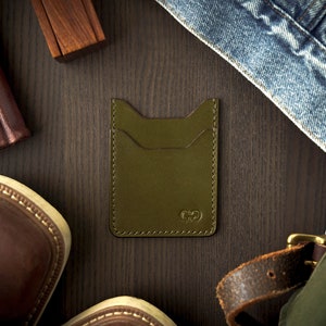 Cartera de cuero, Minimalista, De grano completo, Italiana, Portatarjetas, Delgada, Oliva, Hecha a mano USA, Tarjeta de visita, varonil, Puntada a mano, Hecha a mano, EDC
