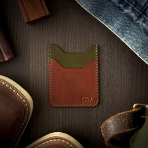 Cartera de cuero, Minimalista, De grano completo, Oliva, Portatarjetas, Delgada, Castaña, Hecha a mano, Tarjeta de visita, varonil, Puntada a mano, Hecha a mano, EDC