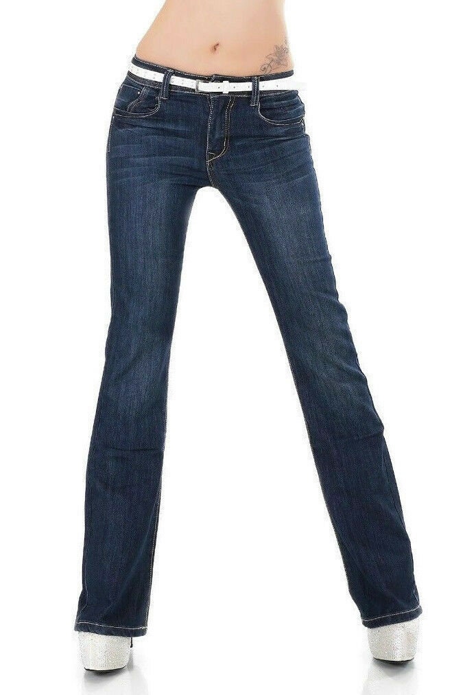 Women's Low Cut Jeans Bootcut Pantalon Denim Noir Stretch Avec Ceinture Taille 6-14 