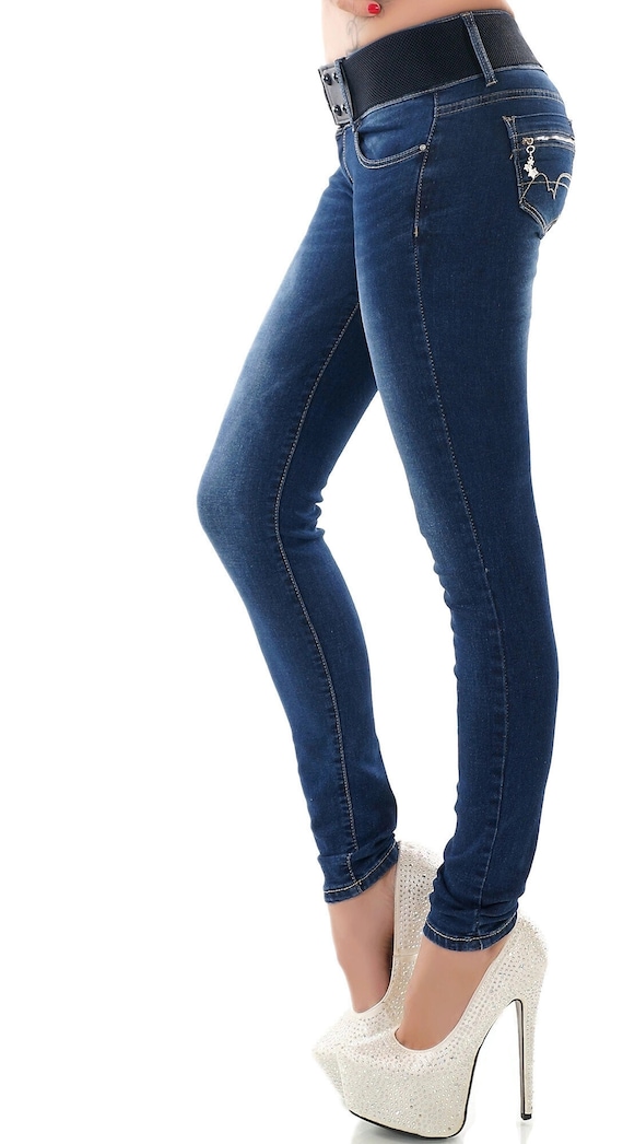 Ladies Skinny Jeans Low Waist Stretch Denim Pants Dark Blue Belted