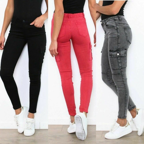 Womens Cargo Pants Skinny Slim Trousers Soft Stretch Cotton Jeans UK 6-14
