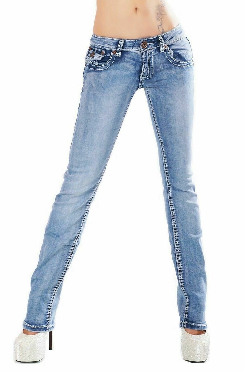 Women's straight leg Jeans stretch light Blue washed low rise Trousers UK 8 10 12 14 16 image 2