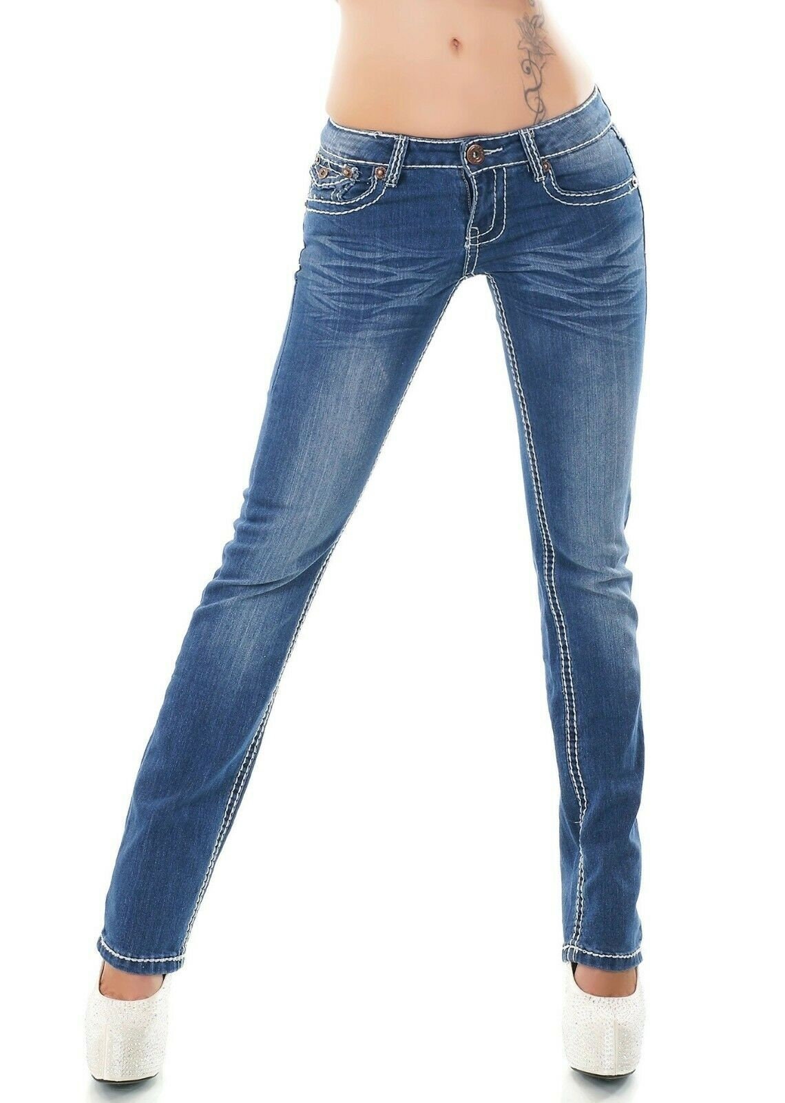 Women's Straight Leg Jeans Stretch Blue Washed Mid Rise Trousers UK 8 ...