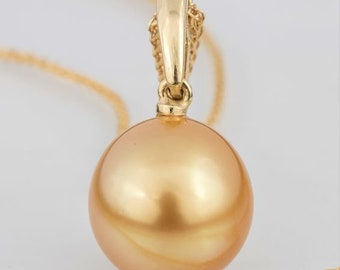 11.5-12MM Deep Golden South Sea Pearl Pendant Necklace 14K Gold Cross Chain 11.5-12MM Deep Golden South Sea Pearl Pendant Necklace 14K Gold Cross Chain