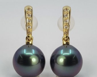 9x10mm Peacock Tahitian Pearl Drops - 0.08 ct - 14 kt. Gold - Earrings