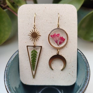 Dried flower and fern earrings, moon and sun