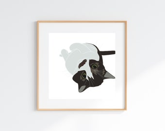 Peut inclure: Une illustration encadrée d'un chat noir et blanc aux yeux verts, allongé sur le dos, les pattes en l'air.