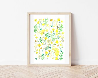 Watercolor Painting, Floral Painting, Wall Decor, Plant Art, Yellow Flowers, Flower Print, Digital Download